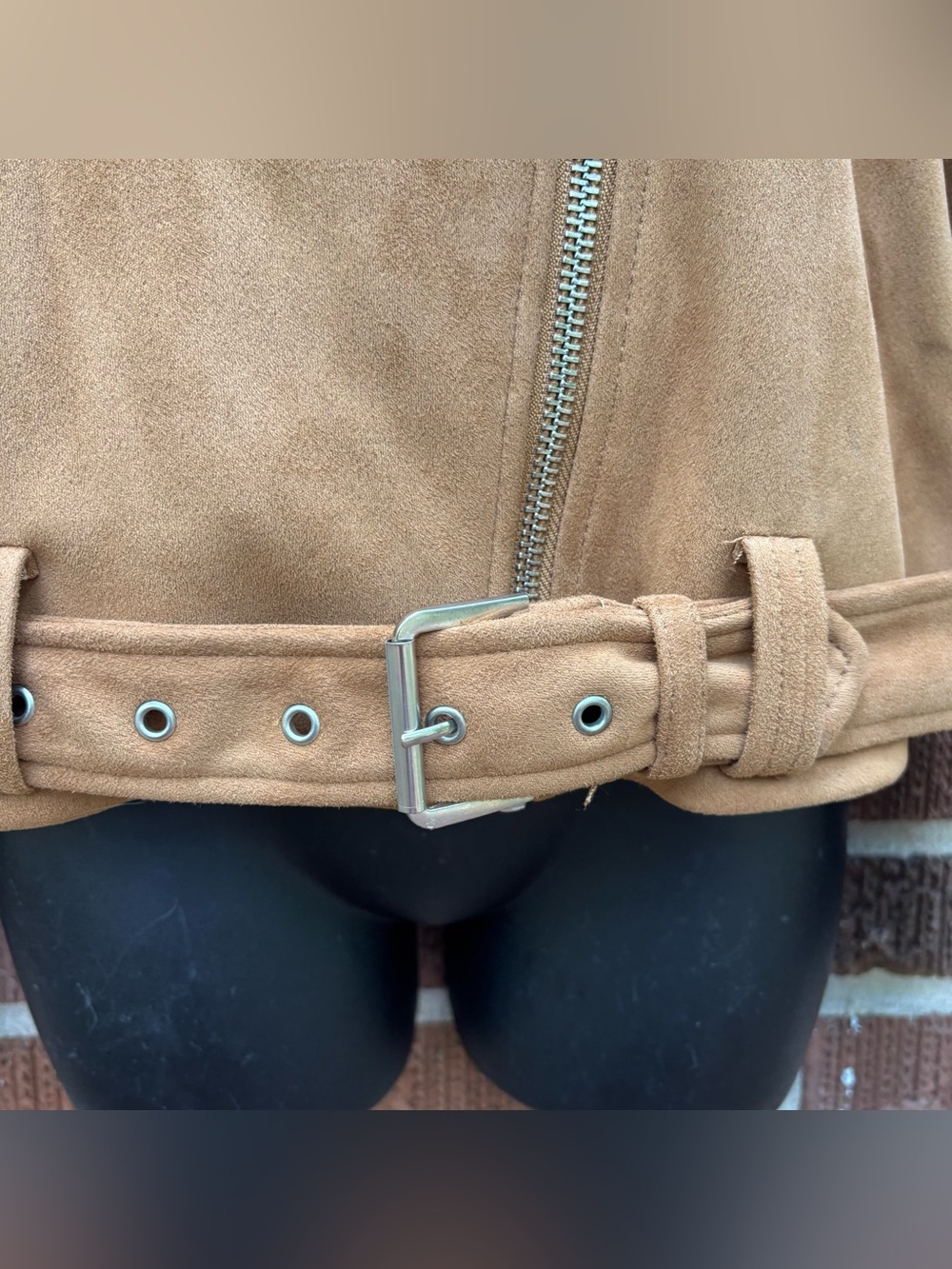 Topshop Women’s Sz 8 Faux leather metal zippers camel moto jacket - Picture 4 of 11